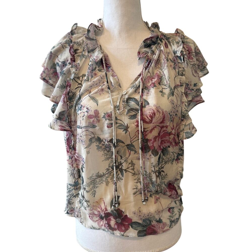 Secret Mission Revolve Katherine Short Sleeve Chiffon Top Muted Floral Print S